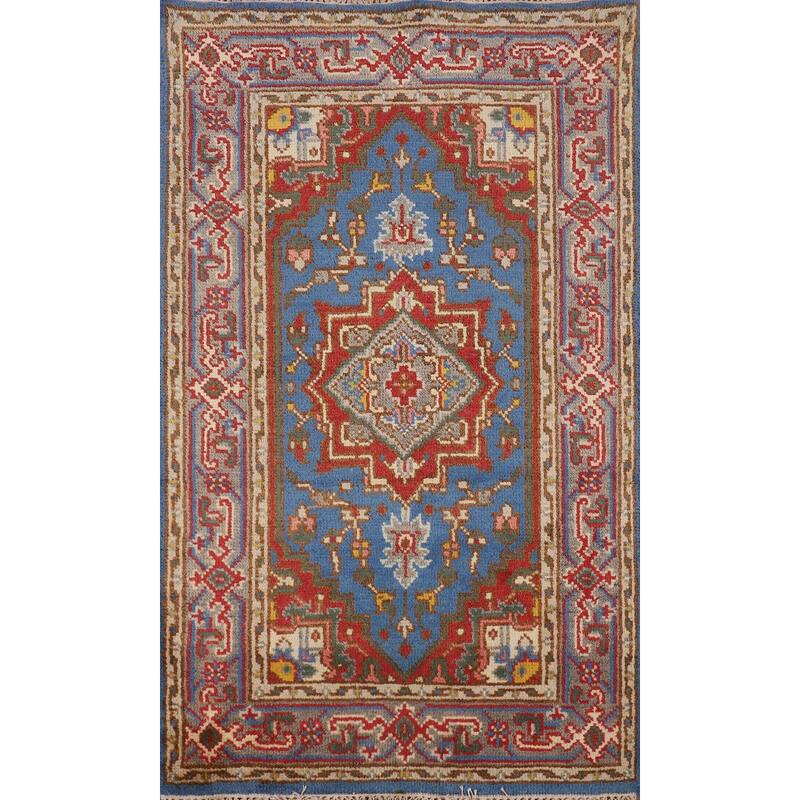 Light Blue Geometric Heriz Serapi Indian Rug Handmade Wool Carpet - 3'0" X 5'0"