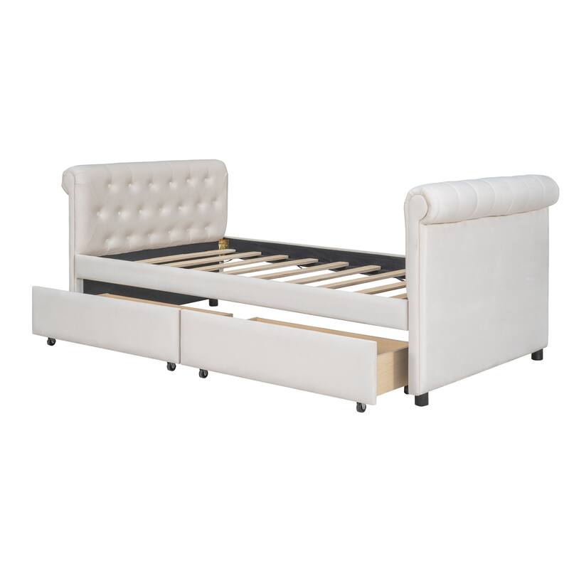Beige Upholstered Twin Size Daybed Sofa Bed with Trundle, Fabric and Wood Frame Wood Slat Support