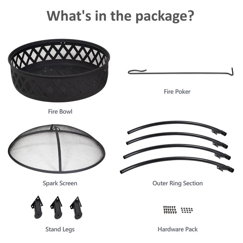 Black Cross Weave Large Round Steel Wood Burning Fire Pit with Spark Screen