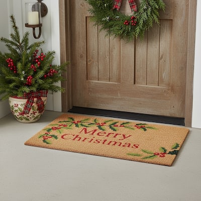 HomeRoots 17" X 29" Brown Red And Green Merry Christmas Outdoor Coir Door Mat - 17.00' X '29.00
