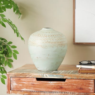 Green Ceramic Handmade Antique Style Wide Rounded Decorative Vase with Geometric Tribal Carvings