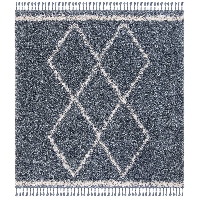 SAFAVIEH Pro Luxe Shag Dile Moroccan Tassel 2.4-inch Thick - 6'7" x 6'7" Square - Blue/Cream - Square/Runner