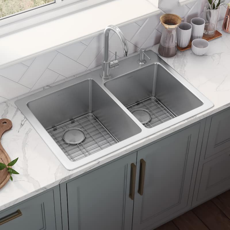 Ruvati 33 x 22 inch Drop-in Topmount Kitchen Sink 16 Gauge Stainless Steel 60/40 Double Bowl - RVM5166 - 8' x 11'