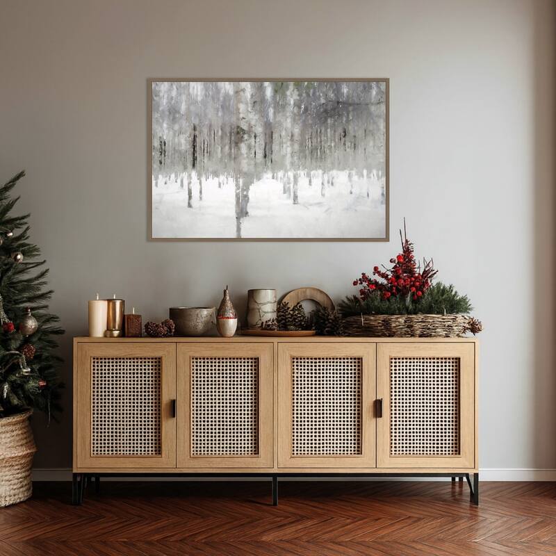 Birches In Fog by Kim Curinga Framed Canvas Wall Art Print - Sylvie Dark Gold
