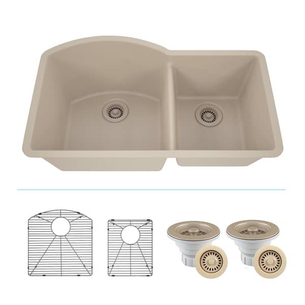 slide 2 of 13, Lexicon Platinum Quartz 32 Inch 70/30 Double Bowl Kitchen Sink with Bottom Grids and Strainers and Disposal Flange Galaxy Beige