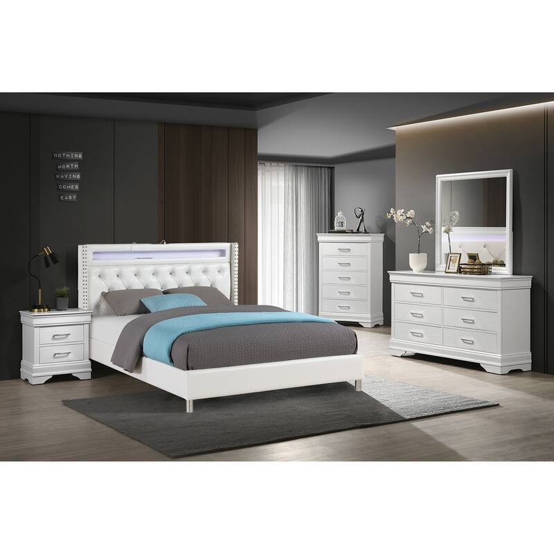 Contemporary Style 1pc Bed Set LED Light USB Port Nailhead Trim Tufted Headboard White Finish Bedroom Furniture