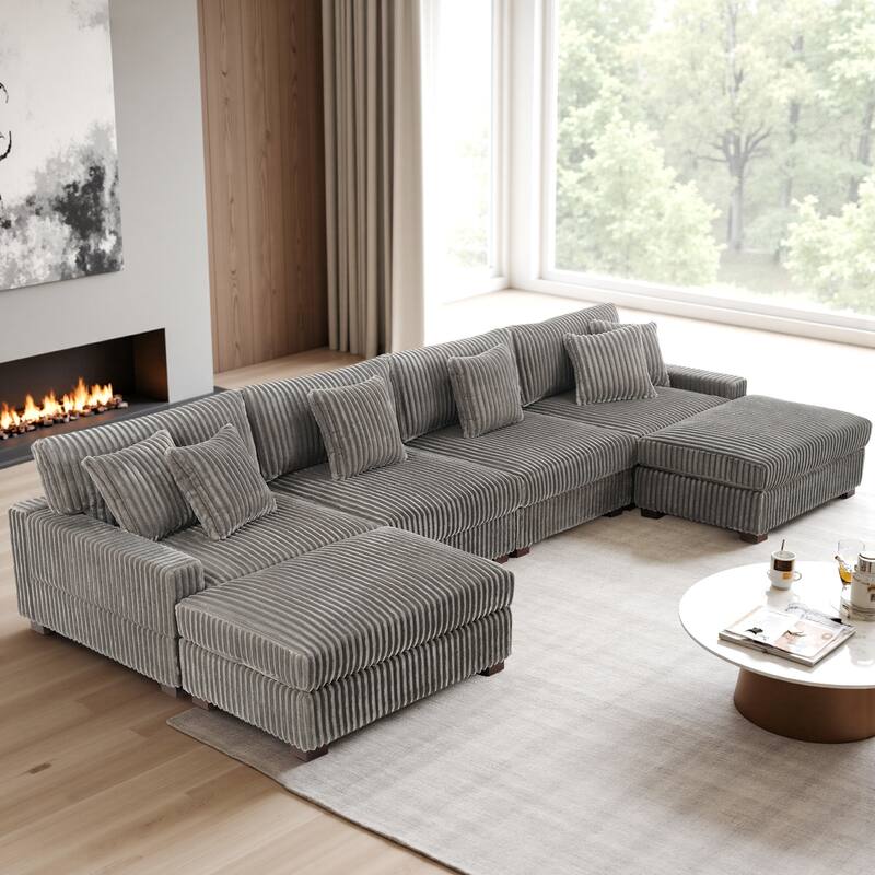 Modular Cotton Flannel Plush Sectional Sofa with Ottomans