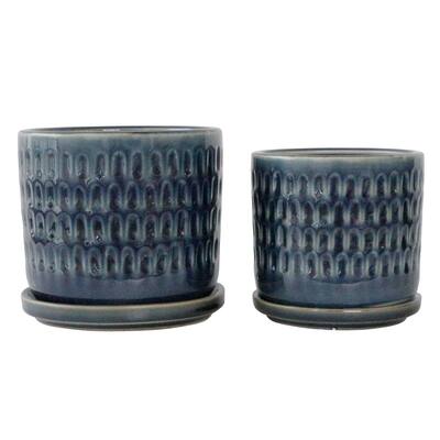 Set of 2 5, 6" Dimpled Planters with Saucer, Blue 5"H - 6.0" x 6.0" x 5.0"