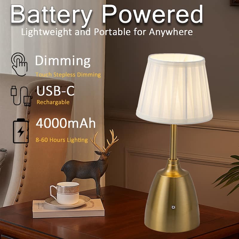 Classic Rechargeable LED Table Lamp with Fabric Shade Touch Control USB Cordless Nightstand Light for Nightstand Room - W6.3‘’