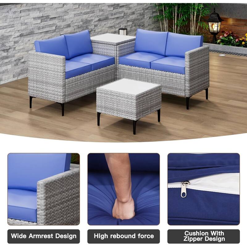 4-Piece Patio Sectional Sofa Set with Coffee Table and Storage Box