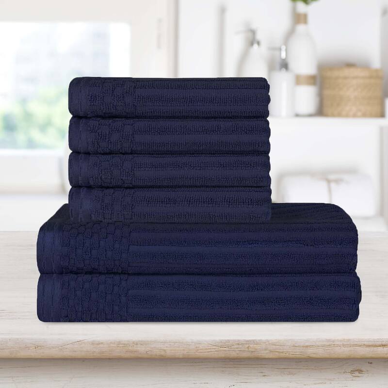 Superior Ribbed Cotton Absorbent Heavyweight Hand Towel and Bath Towel Set - Navy Blue