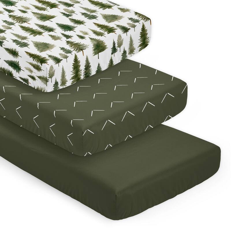 Sweet Jojo Designs Woodland Pinetrees Boy, Girl Unisex 3 Pack Fitted Crib Sheets -Green/White Arrow, Solid Hunter & Forest Theme