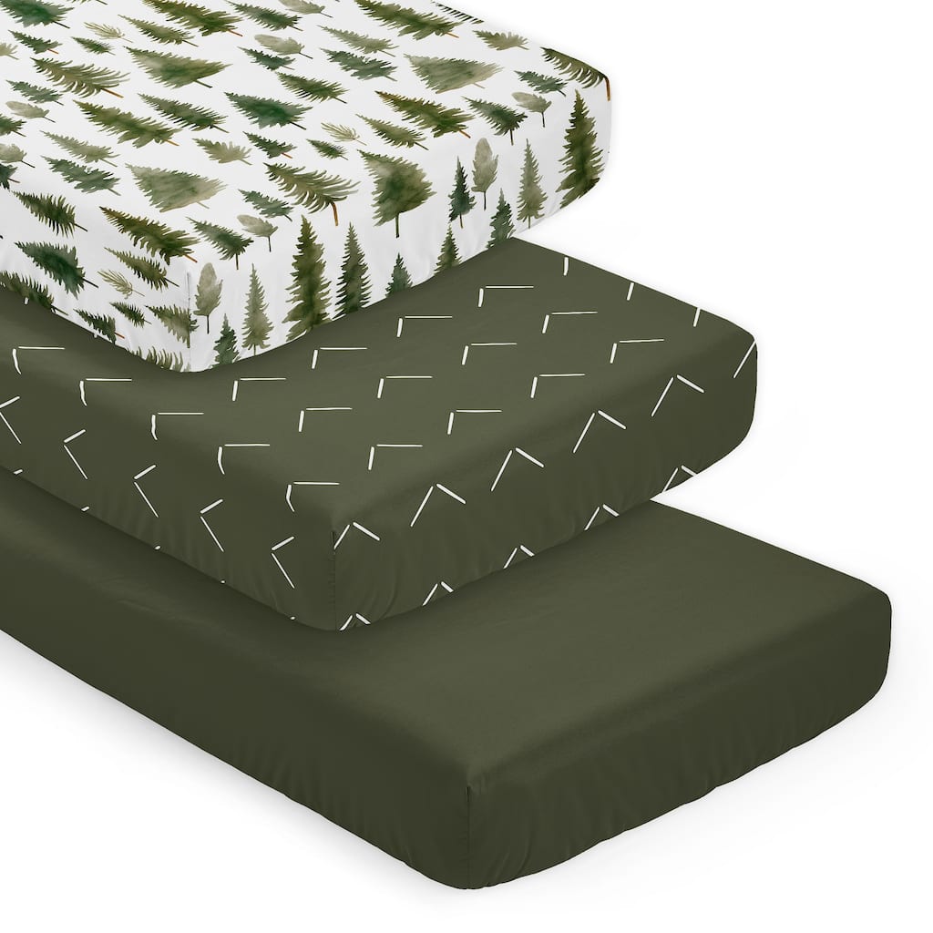 Sweet Jojo Designs Woodland Pinetrees Boy, Girl Unisex 3 Pack Fitted Crib Sheets -Green/White Arrow, Solid Hunter & Forest Theme