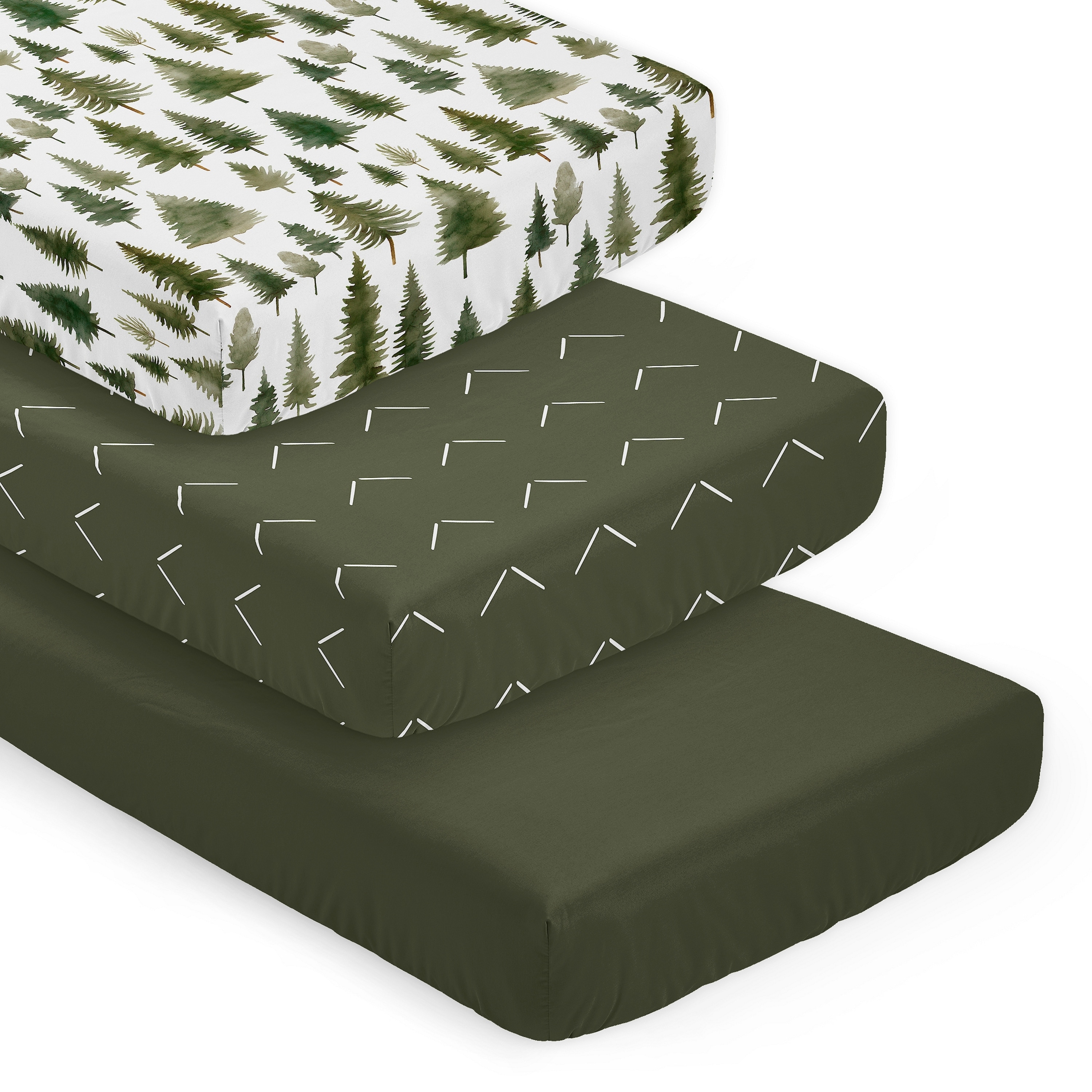 Sweet Jojo Designs Woodland Pinetrees Boy, Girl Unisex 3 Pack Fitted Crib Sheets -Green/White Arrow, Solid Hunter & Forest Theme