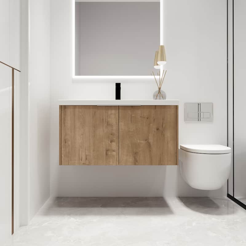 Malwee 24"/30"/36" Floating Bathroom Vanity, Modern Wall Mounted Bathroom Vanity with Resin Top and Soft Close Door - 35.4"×18.1"×19.3" - Brown