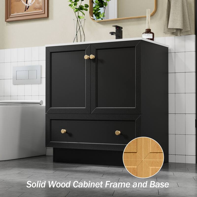 Solid Wood Bathroom Vanity Cabinet with Ceramic Undermount Sink Top Skirting Design
