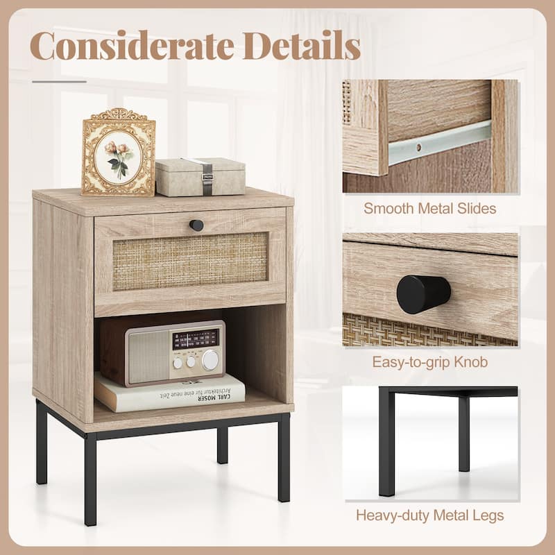 Set of 2 Rattan Nightstand End Table with Rattan Drawer and Open Shelf