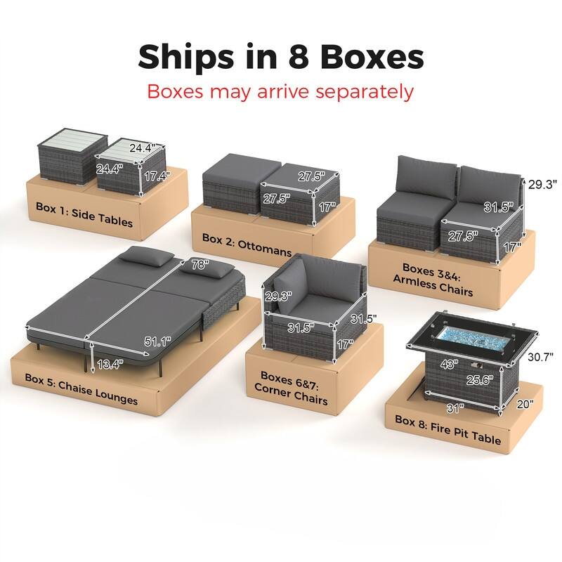 Outdoor Sectional Conversation Set PE Wicker with Double Chaise Lounge, 60,000 BTU Fire Pit Table