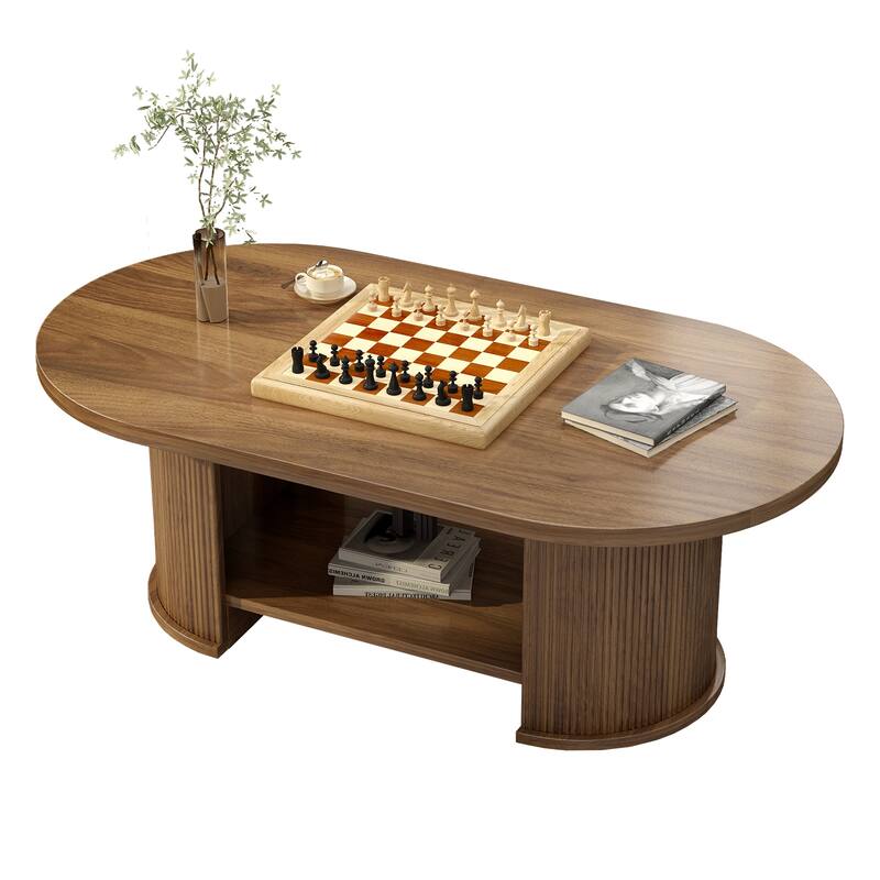 47" Oval Fluted Coffee Table with Storage Shelf, Farmhouse Mid-Century Dual Base Center Table