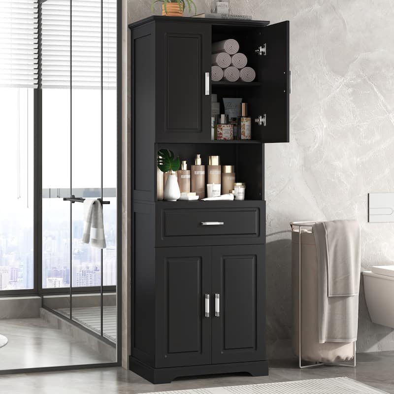 Tall Bathroom Cabinet with 4 Doors, Large Bathroom Moisture Proof Storage Cabinet with Open Shelves, Upper Storage Cabinet