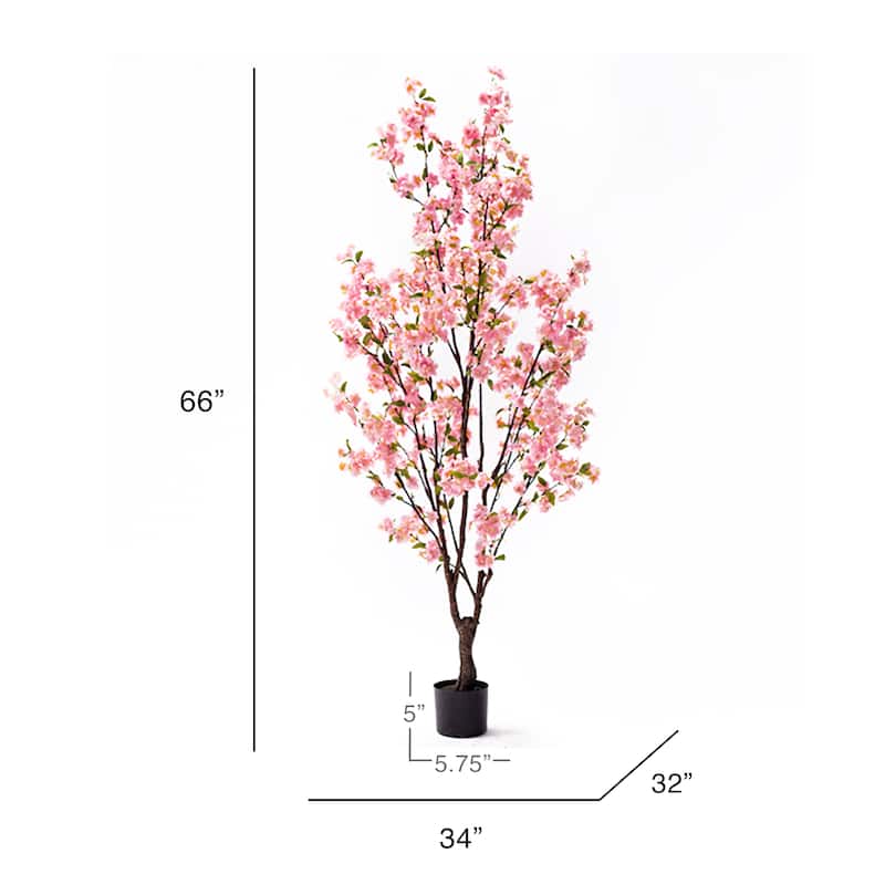 5.5ft Pink Artificial Cherry Blossom Flower Tree Plant in Black Pot - 66" H x 34" W x 32" DP