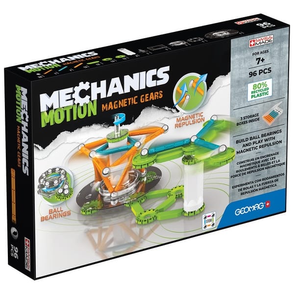 slide 2 of 9, Geomag Mechanics Motion Construction Set, Magnetic Gears Recycled, 96 Pieces Green, White, Orange - Kids