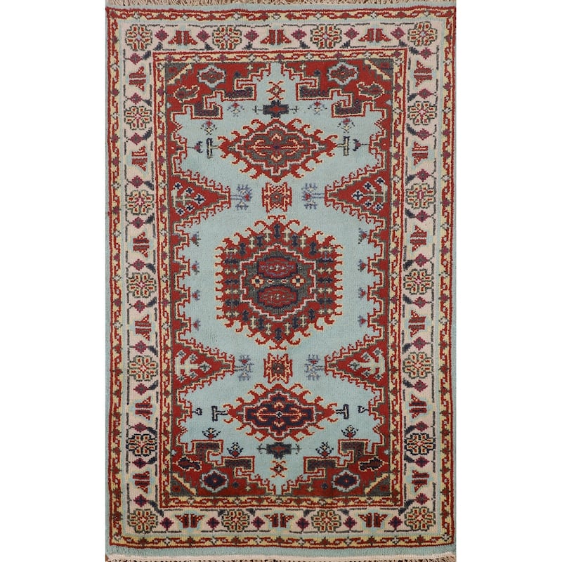 Light Blue Geometric Viss Indian Foyer Rug Handmade Wool Carpet - 2'11"x 4'9"