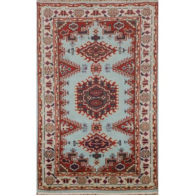 Light Blue Geometric Viss Indian Foyer Rug Handmade Wool Carpet - 2'11"x 4'9"