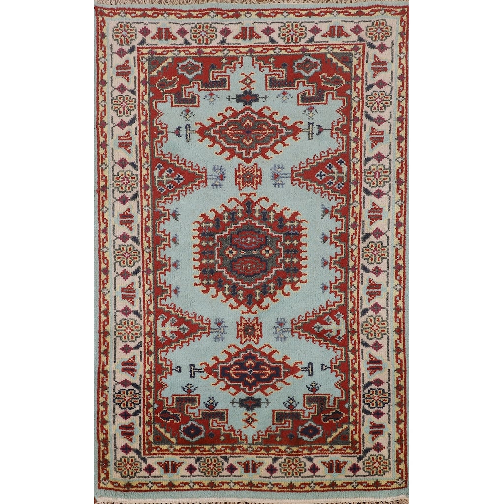 Light Blue Geometric Viss Indian Foyer Rug Handmade Wool Carpet - 2'11"x 4'9"