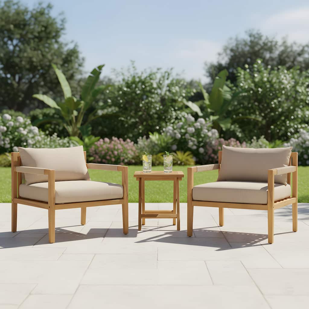 Christopher Knight Home - Modern Outdoor Wooden Rope Conversation Set with Beige Cushions and Side Table
