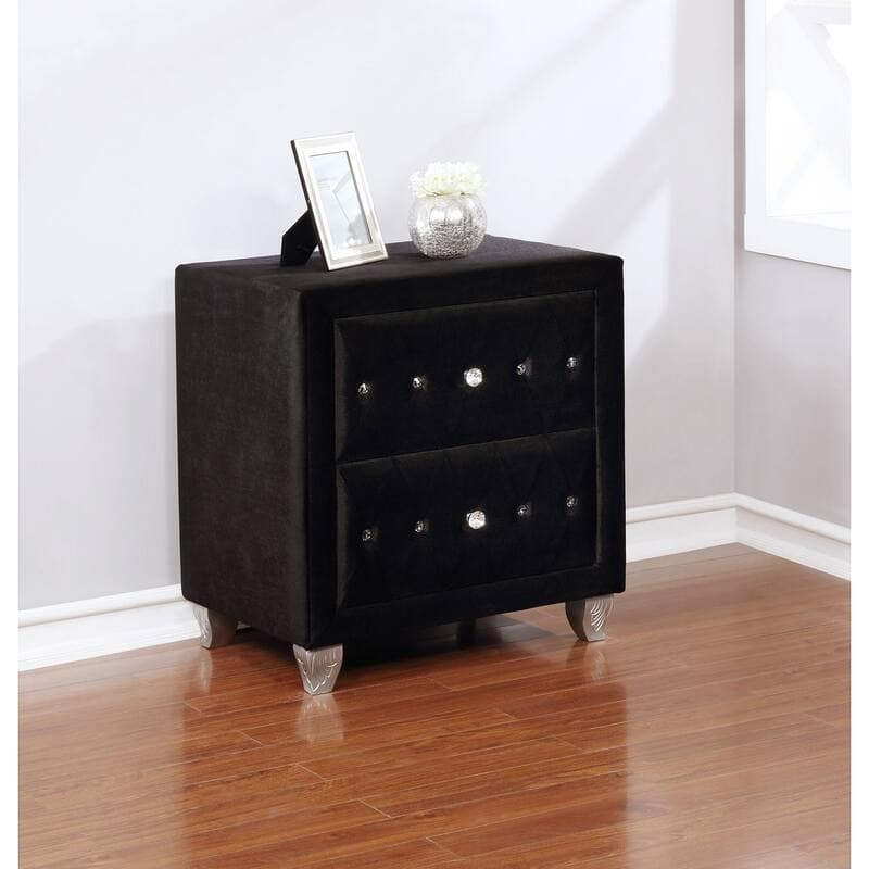 Glam Upholstered Nightstand - Black Finish with Button Tufted Frame