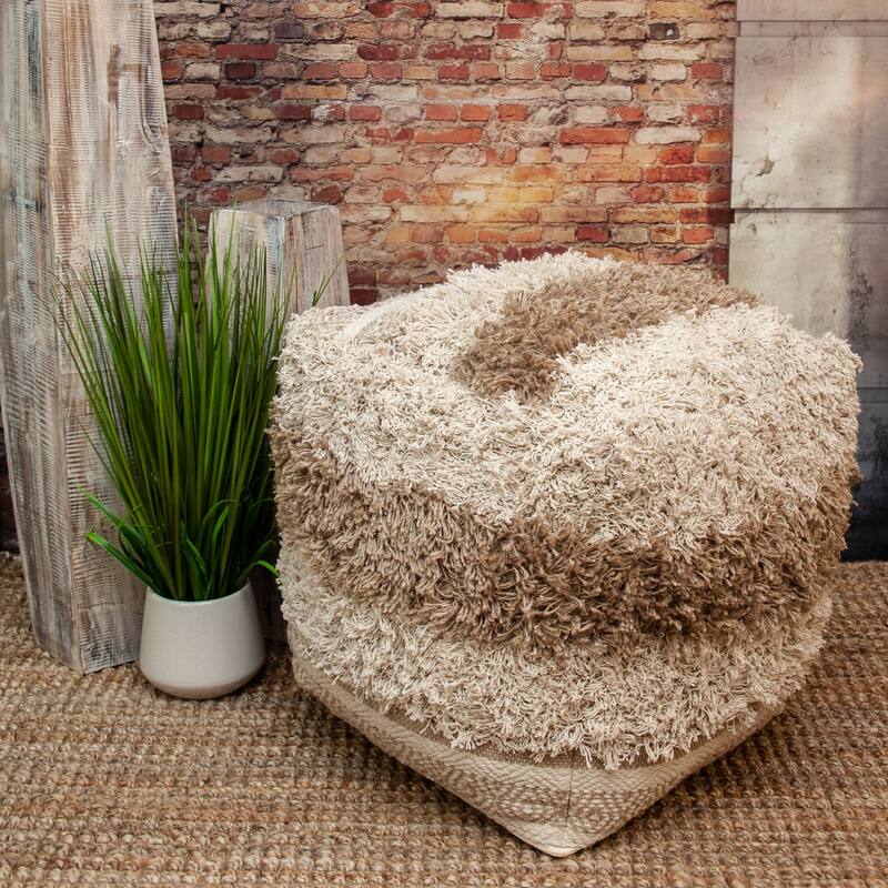Striped Pouf Ottoman - 18" - Beige and Brown