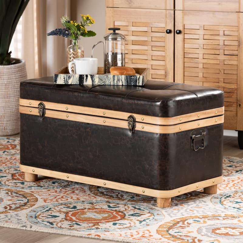 Gendry Modern Rustic Faux Leather and Wood Storage Ottoman Large