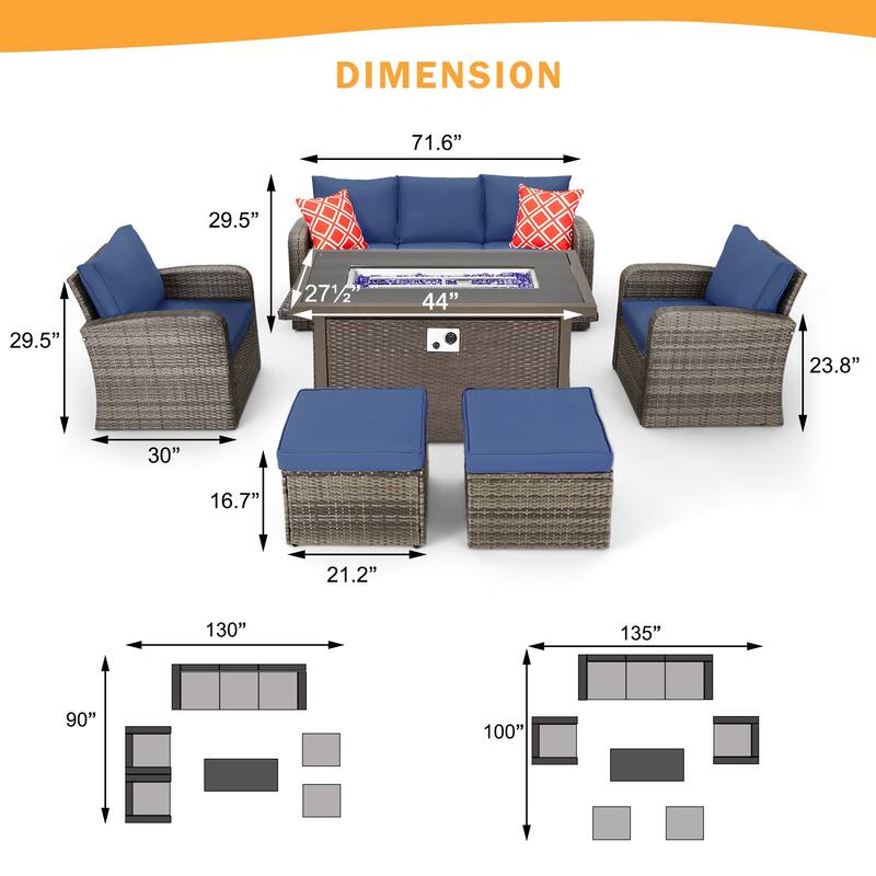 6-Piece Rattan Patio Set with Fire Pit Table, Outdoor Conversation Set with Cushions, Weather-Resistant Sofa Sectional