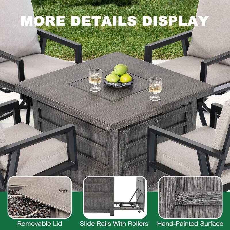 5-Piece Fire Pit Set with 4 Swivel Chairs, Aluminum Frame, Gray