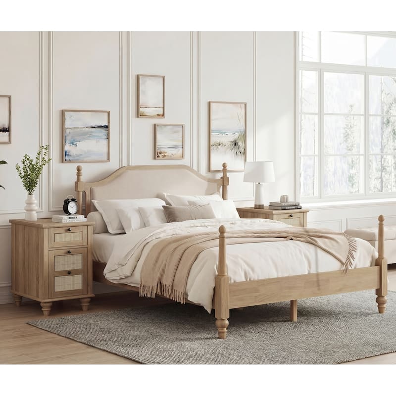 3 Piece Bedroom Set, Queen Size Bed Frame & Set of 2 Nightstands, Oak