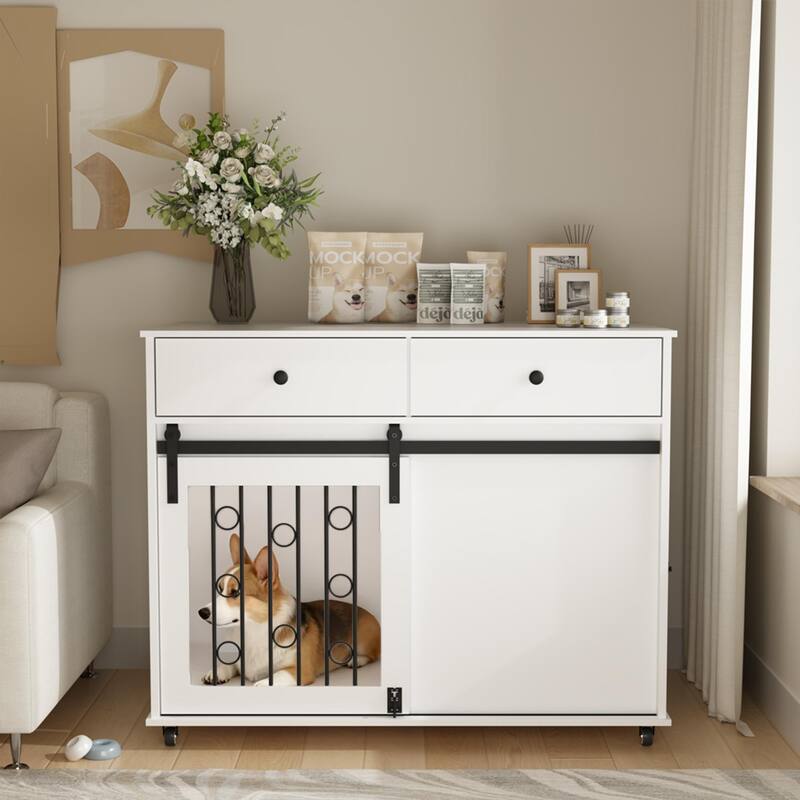 39.37'' Wooden Dog Crate Furniture with 2 Drawers, Sliding Barn Door, Lockable Wheels - White