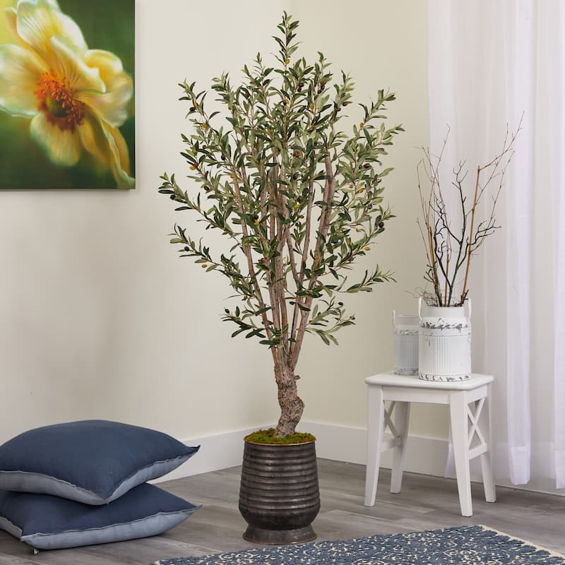 Artificial Olive Tree in Ribbed Metal Planter - 5'