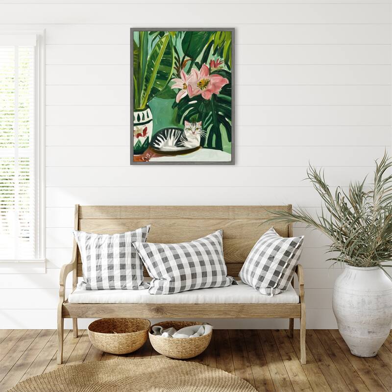 Tropical Muse With Cat by Mowzu Framed Canvas Wall Art