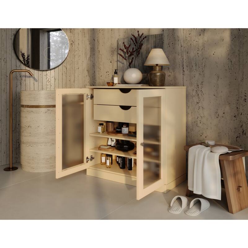 Palace Imports 100% Solid Wood 32" Bathroom Cabinet with Frosted Glass Doors, 2-Drawers and Adjustable Shelves