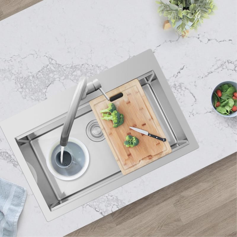 AZUNI 31.25 inch Top Mount Single Bowl Stainless Steel Ledge Workstation Kitchen Sink with Accessories C430L Handmade