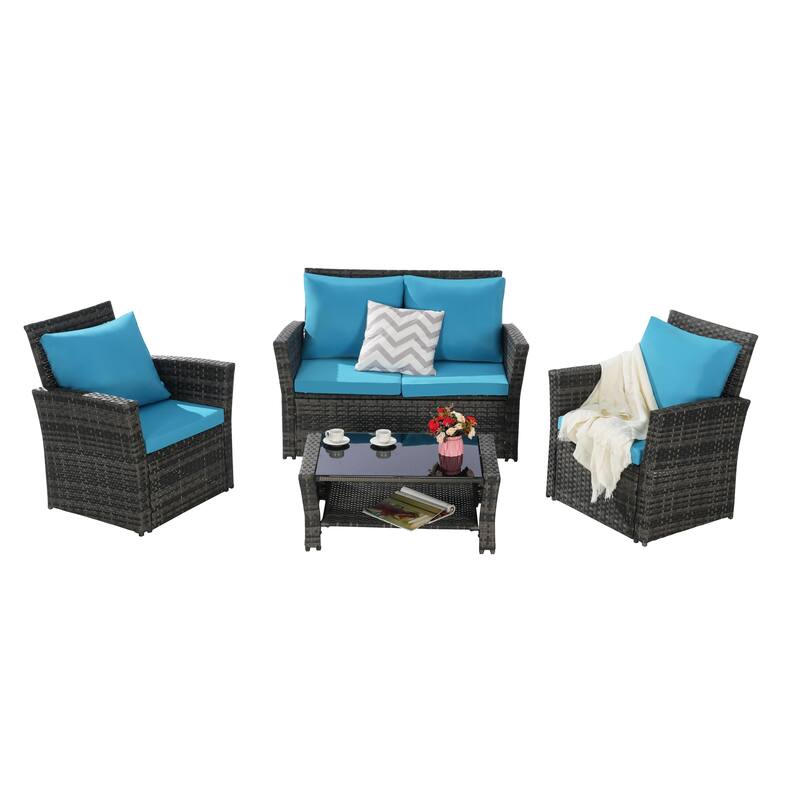 4 Piece Outdoor Rattan Conversation Furniture Sets, All Weather Patio Wicker Chair Set with Tempered Glass Coffee Table - Light Blue