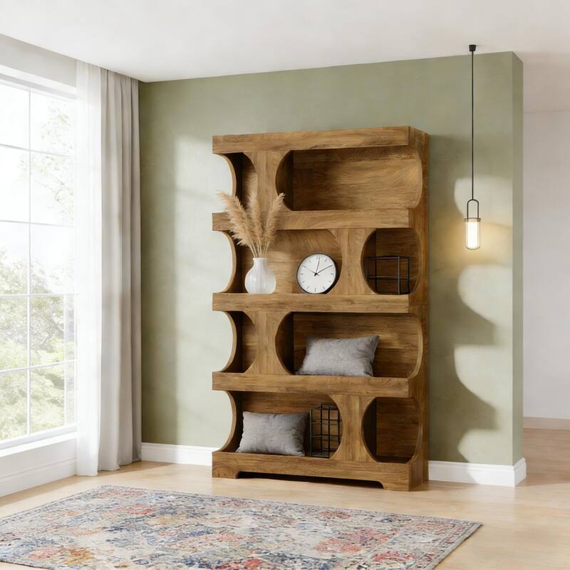 S-Shaped Bookshelf, Contemporary Freestanding Bookcase with Generous Display Space