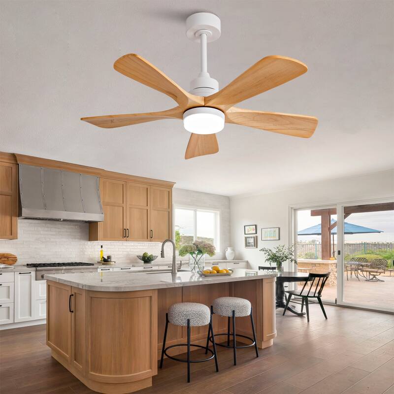 42 Inch Indoor Ceiling Fan With Dimmable LED Light 5 Solid Wood Blades Remote Control Reversible DC Motor