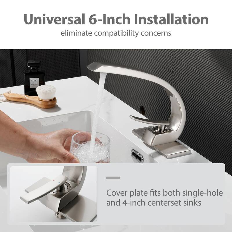 Modland C-Shaped Single Hole Bathroom Faucet, 500K Cycle CUPC Certified, 6-Inch Cover Plate, Black / Gold / Nickel / Chrome