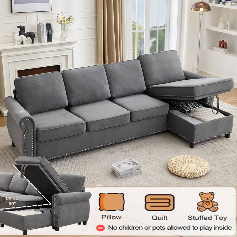106.5" L-Shaped Flannelette Sectional Sofa with Pull-Out Bed