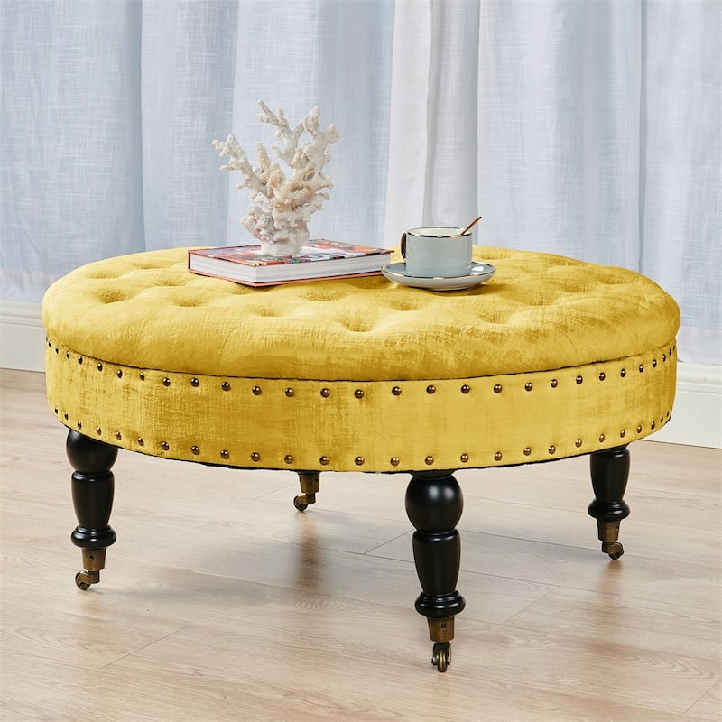 Round Velvet Tufted Coffee Table Ottoman, 34" x 34" x 17" H