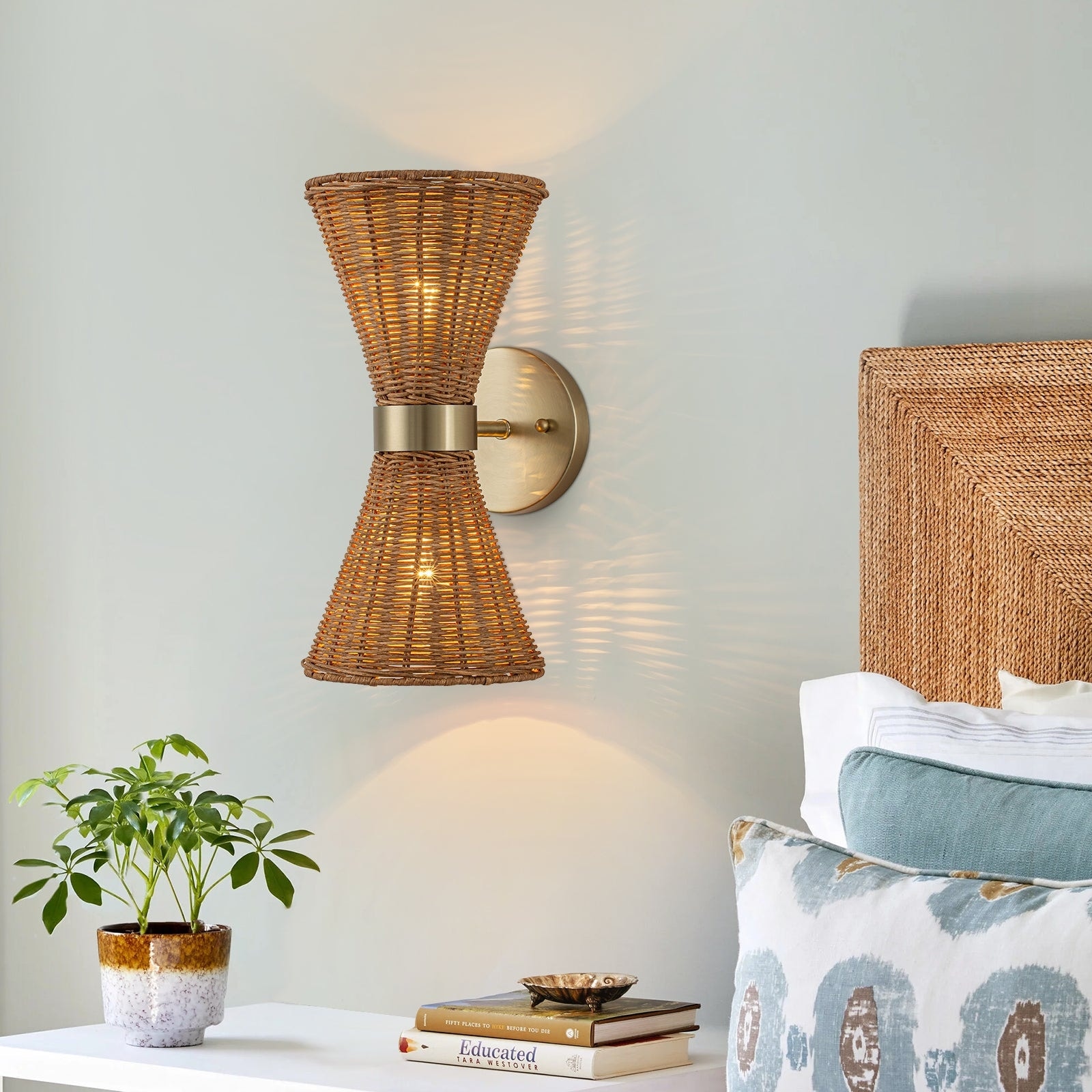 Coastal-style 2-Light Rattan Up-down Double Wall Sconce For Bedroom - 6.3 in