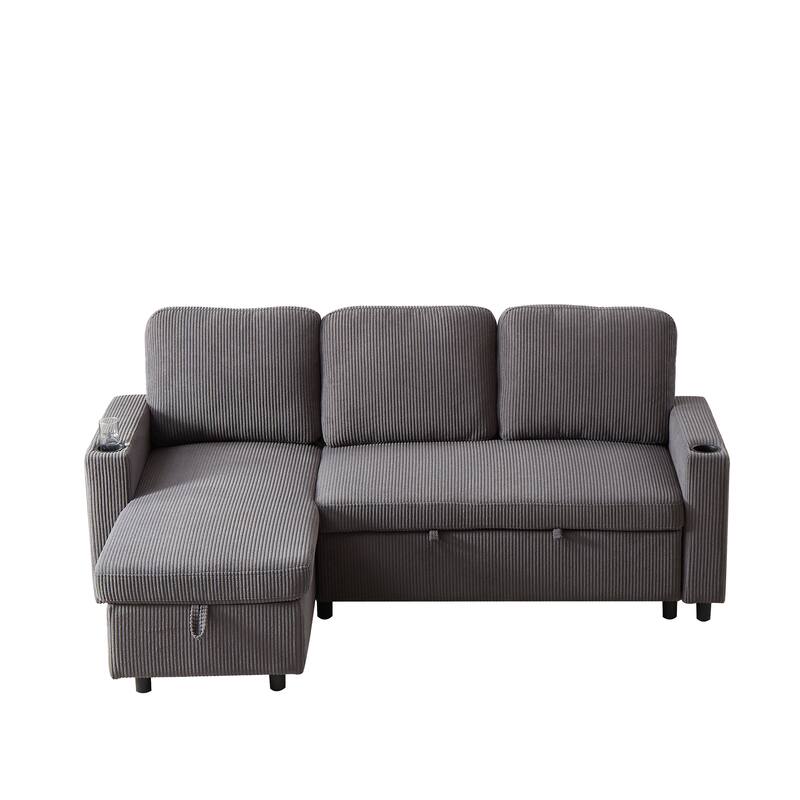 L-Shaped Corduroy Sofa Bed with Pull-Out Sleeper, Reversible Design