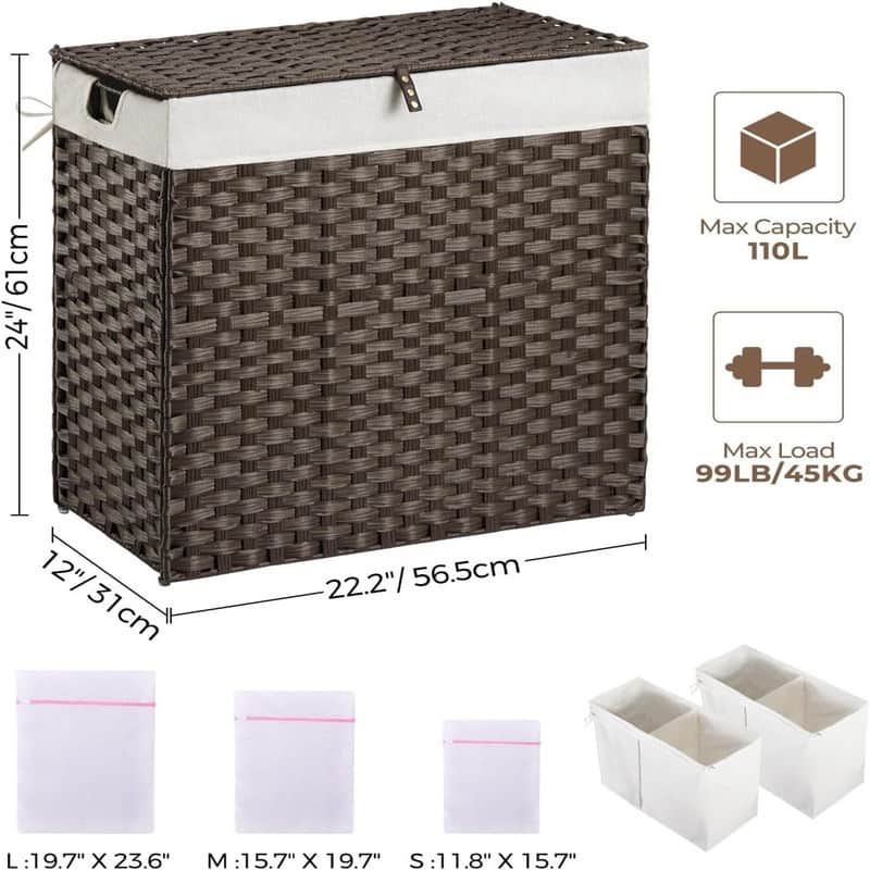 110L Wicker Laundry Baskets Foldable 2 Removable Liner Bags - 22.2"L x 13.3"W x 24"H